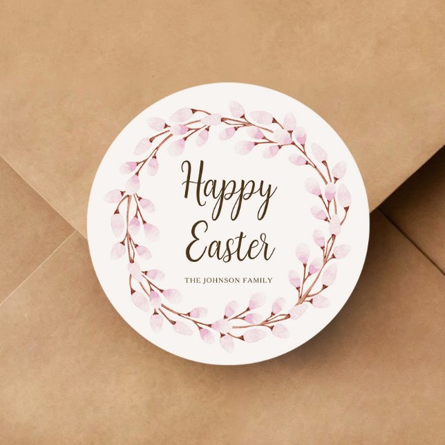 Adesivo Felz pascoa brilhante cor-de-rosa (Cute Pink Willow Happy Easter Classic Round Sticker)
