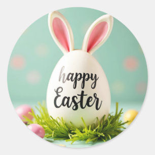 Adesivo Felz pascoa com um coelho de orelhas no ovo