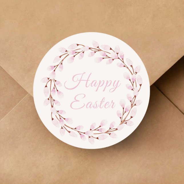 Adesivo Felz pascoa de Botânicos Cor-de-Rosa (Cute Pink Botanicals Happy Easter Classic Round Sticker)