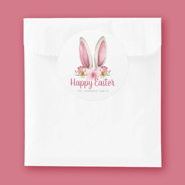 Adesivo Felz pascoa de Orelhas Florais Rosa Bonitas (Cute Pink Floral Bunny Ears Happy Easter Classic Round Sticker)
