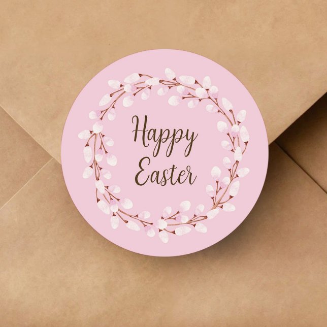 Adesivo Felz pascoa Pussy Selvagem, Rosa-Rosa, (Cute Pink Pussy Willow Happy Easter Classic Round Sticker)