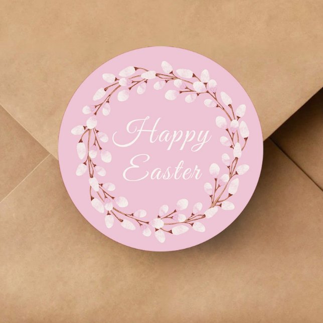 Adesivo Felz pascoa Pussy Selvagem, Rosa-Rosa, (Cute Pink Pussy Willow Happy Easter Classic Round Sticker)