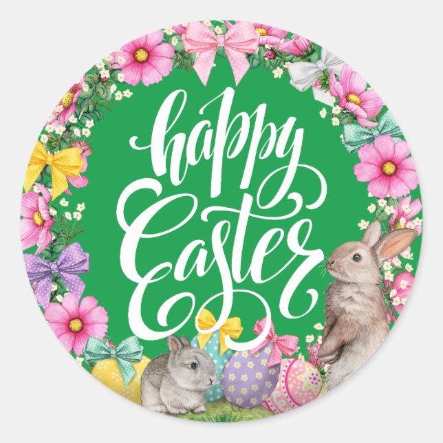 Adesivo Felz pascoa Script Floral Green Easter Bunny Egg (Frente)