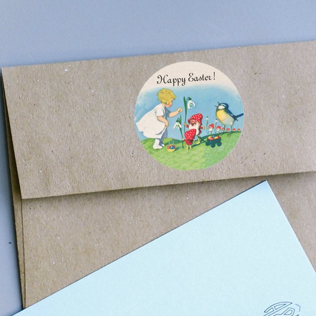 Adesivo Felz pascoa Vintage Elves Ovos (Little girl talking to cute elves in red hats with a bird and flowers on Happy Easter stickers.)