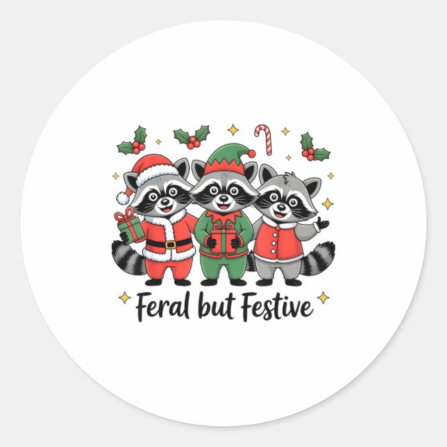 Adesivo Feral But Festive Funny Christmas Cute Raccoon Elf (Frente)