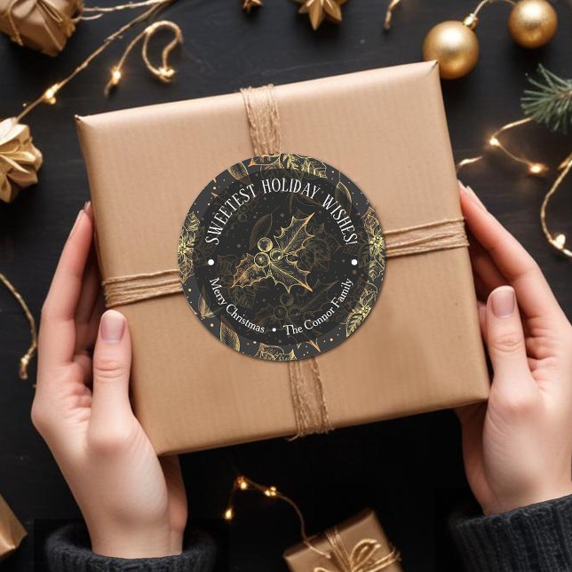 Adesivo Feriado de Comida caseiro de Poinsettia de Natal (Christmas black and gold poinsettia sketch on Sweetest Holiday Wishes holiday stickers)