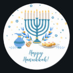 Adesivo Feriado de Hanukkah com Aquarela<br><div class="desc">Uma cena de Chanucá com menorah,  sufganiyot (donuts),  sonhos e ramos de oliveira é renderizada em um efeito de aquarela neste adesivo Chanukah. Use como obrigado seus adesivos,  presentes em Chanukah,  ou em favores de férias. Disponível com produtos correspondentes.</div>
