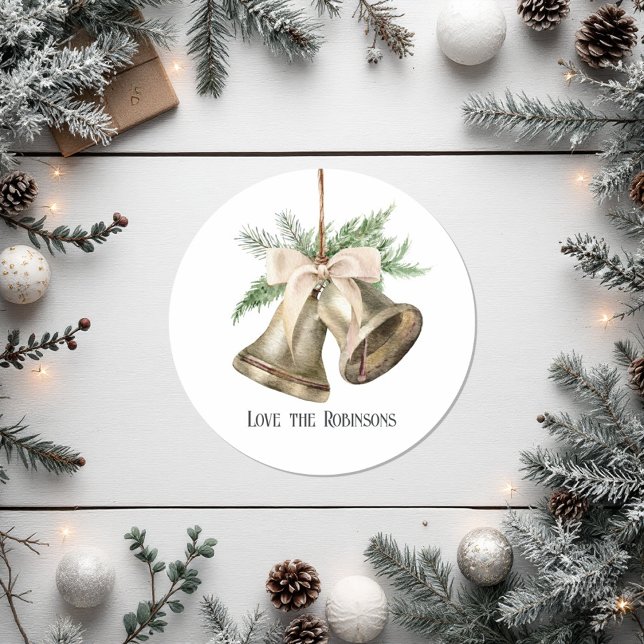 Adesivo Feriado de Natal com Aquarela Neutral (Neutral Watercolor Christmas Bells Holiday Classic Round Sticker)