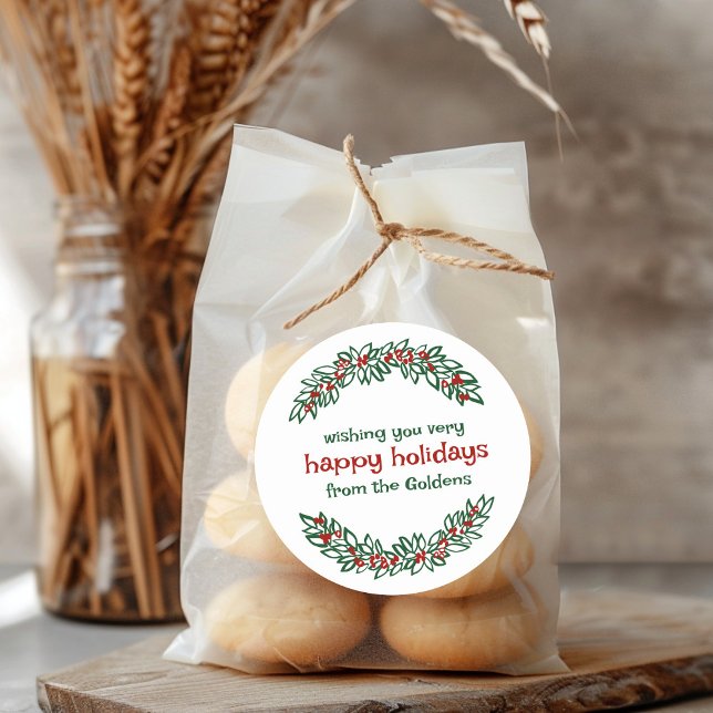 Adesivo Feriado de Natal de Garland Holiday Wreath (Garland CUSTOM Holiday Christmas Doodle Wreath Classic Round Sticker
)