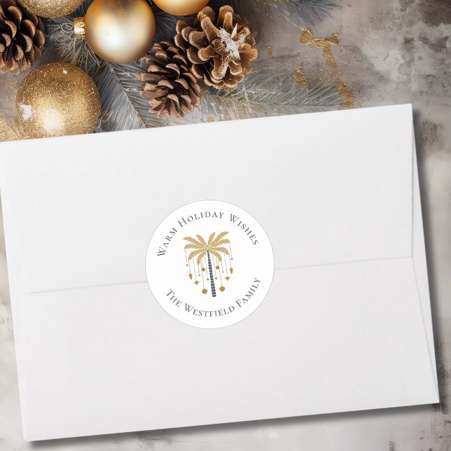 Adesivo Feriado Dourado nas árvores de palma (Gold Palm Tree Warm Holiday Wishes Classic Round Sticker)