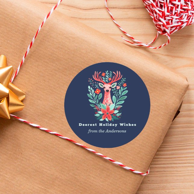 Adesivo Feriado Floral de Reindeer Azul Natal (Criador carregado)