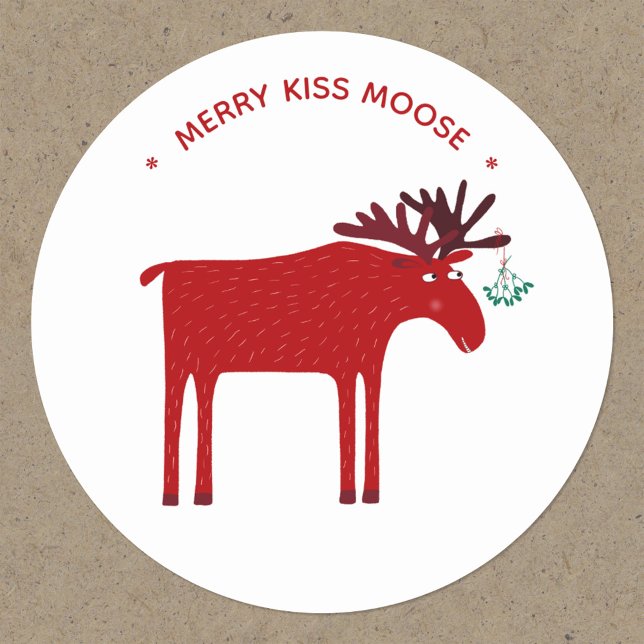 Adesivo Feriado Moose Engraçado (Fun moose or elk with mistletoe custom text Merry Kiss Moose sticker)