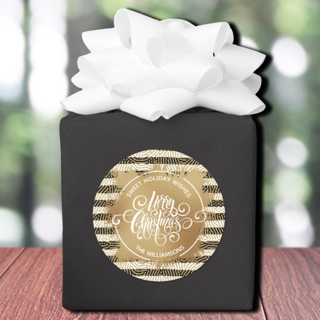 Adesivo Feriado natalício Dourado (Merry Christmas on gold sweet holiday wishes homemade stickers on black and white stripes)