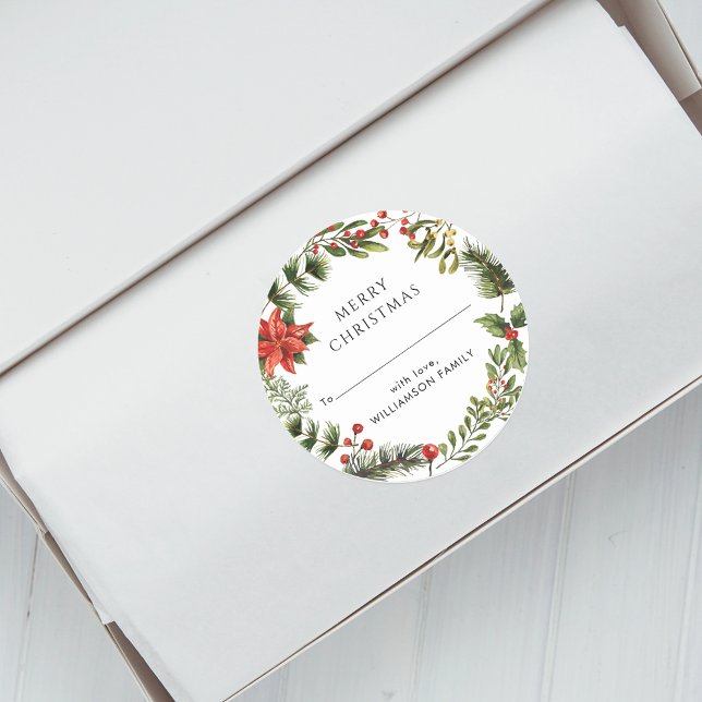 Adesivo Feriados de Natal da Família Modernos Botânicos (Christmas Red Berries Botanical Modern Round Sticker)