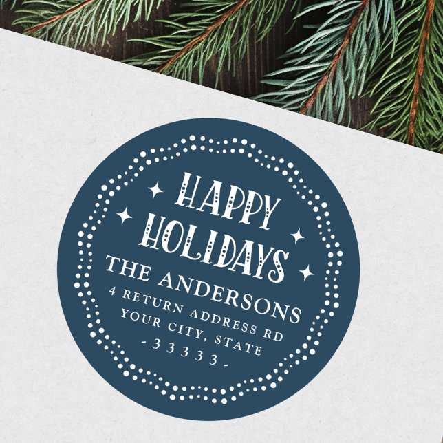 Adesivo Feriados felizes com fonte festiva borda azul escu (Happy Holidays festive font dot border dark blue Classic Round Sticker)