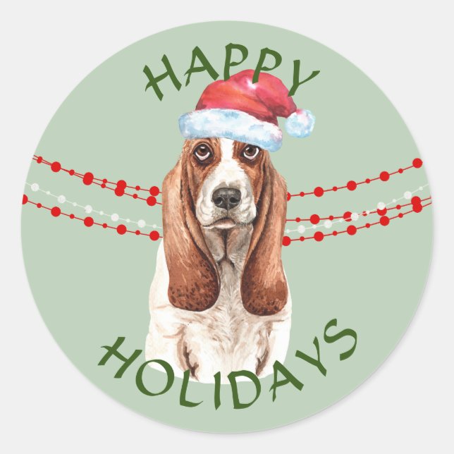 Adesivo Feriados felizes do Basset Hound Santa Hat (Frente)