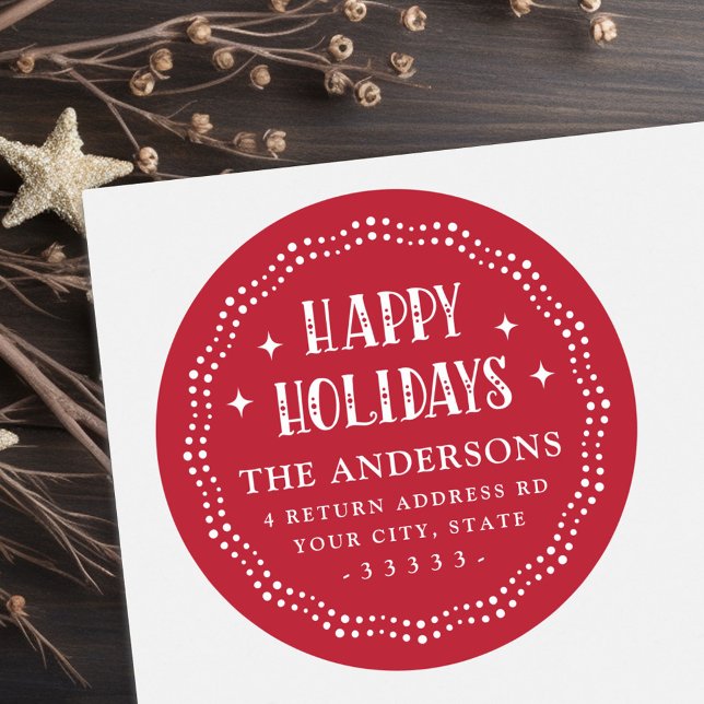 Adesivo Feriados Felizes, fonte festiva, borda vermelha (Happy Holidays festive font dot border red Classic Round Sticker)