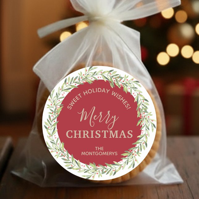 Adesivo Férias de Natal em Natal (Greenery and berries wreath Merry Christmas homemade holiday baking dark red stickers)