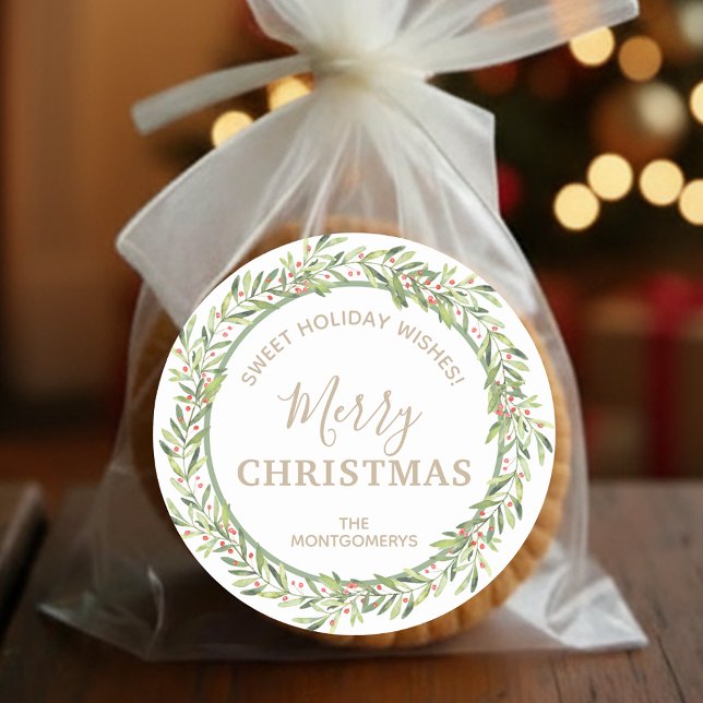 Adesivo Férias de Natal em Natal (Greenery and berries wreath Merry Christmas homemade holiday baking white stickers)