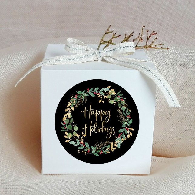 Adesivo Férias Felizes | Faux Dourado Wreath Preto e Moder (Elegant black holiday stickers with a green and faux gold wreath)
