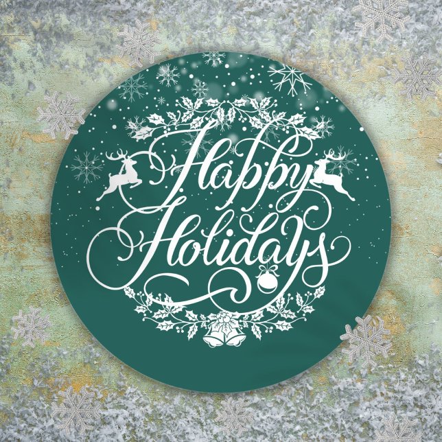 Adesivo Férias Felizes Flocos de Neve Natal Verde (Happy Holidays Snowflakes Green Christmas Classic Round Sticker)