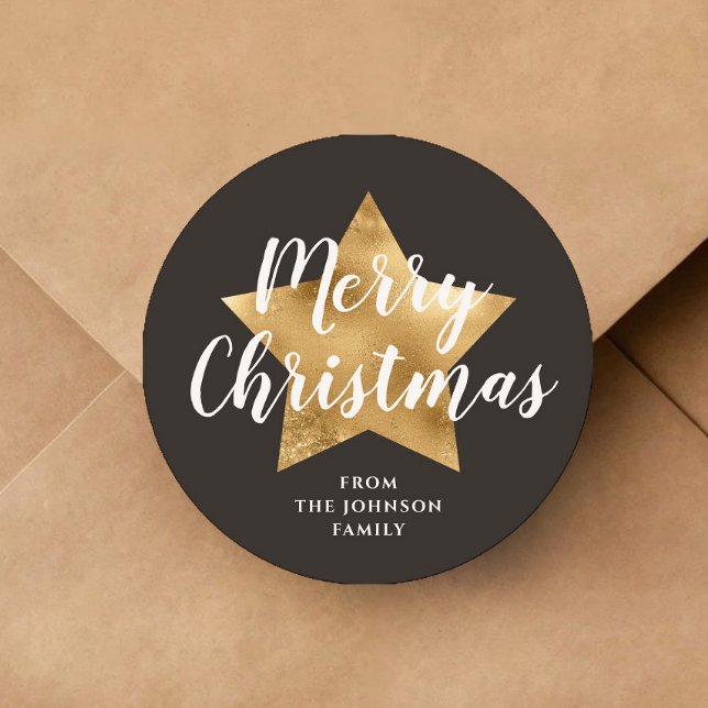 Adesivo FesStar Feliz Natal (Merry Christmas Gold Star Brown Classic Round Sticke)