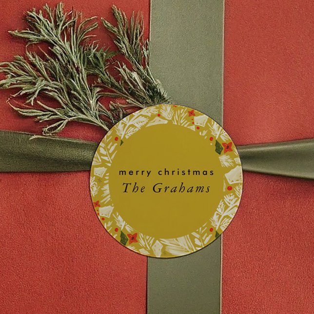 Adesivo Festa Botânica Amarela Festiva (Yellow Festive Botanical Holiday Classic Round Sticker)