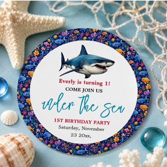 Adesivo Festa de 1º Aniversário Debaixo do Mar (Under the Sea 1st Birthday Party Classic Round Sticker)