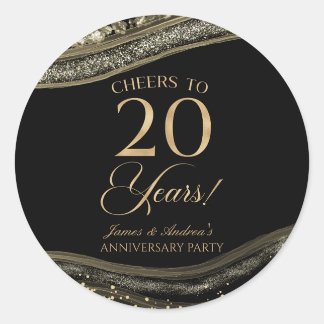 Adesivo Festa de 20º Aniversário Elegante em Preto e Ágata (Frente)