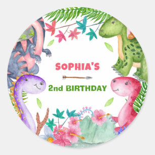 Adesivo Festa de 2 anos de menina fofa dinossauro