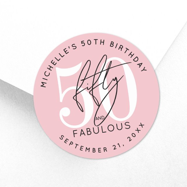 Adesivo Festa de 50 Anos Rosa (Fifty Fabulous Pink 50th Birthday Party Classic Round Sticker )