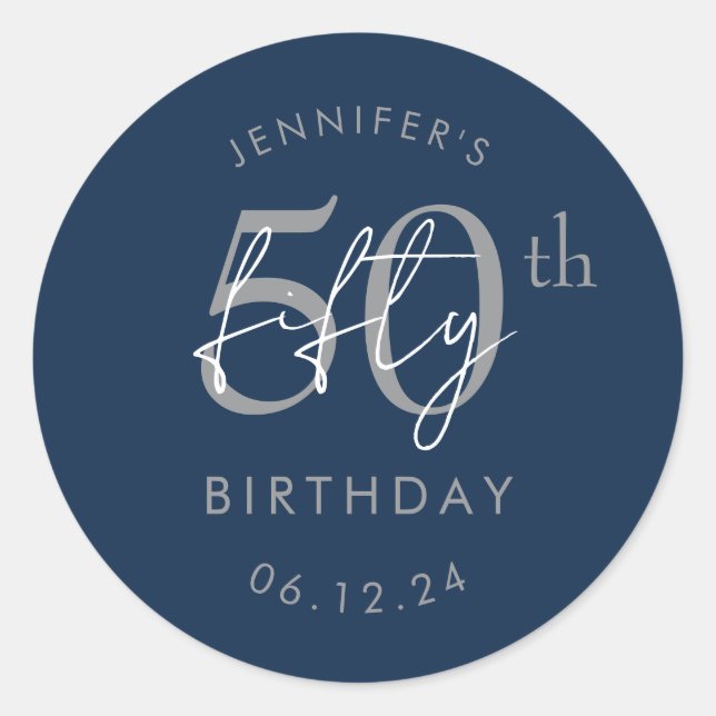 Adesivo Festa de 50 Anos Silver Modern Script Navy (Frente)