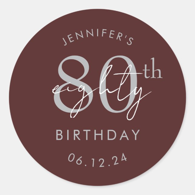 Adesivo Festa de 80 anos Silver Modern Script Burgundy  (Frente)