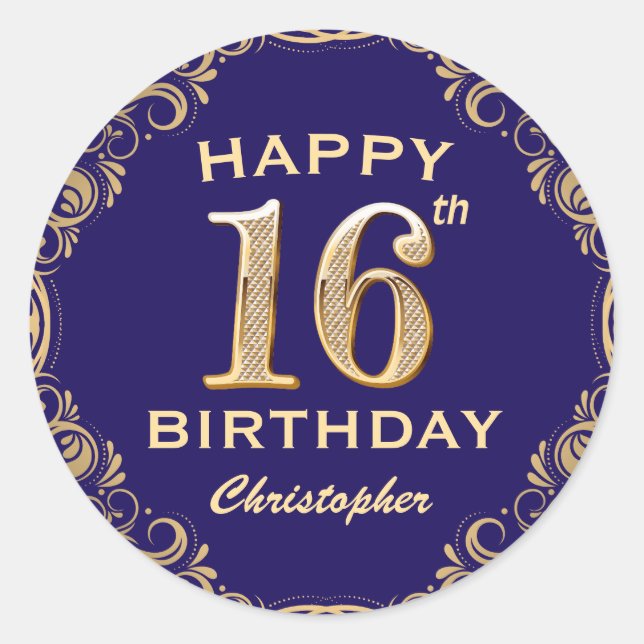 Adesivo festa de aniversário 16ª Marinho azul e luz Dourad (Frente)