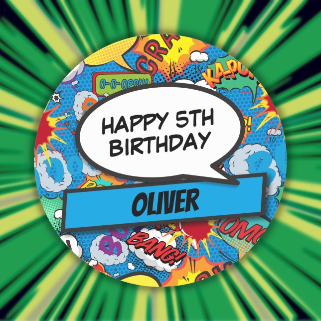 Adesivo Festa de aniversário Azul de Super Herói do Livro  (Custom Comic Book Superhero Birthday Party Blue Classic Round Sticker)