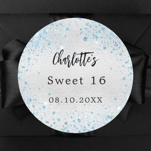 Adesivo Festa de aniversário azul-prata nome da brilho