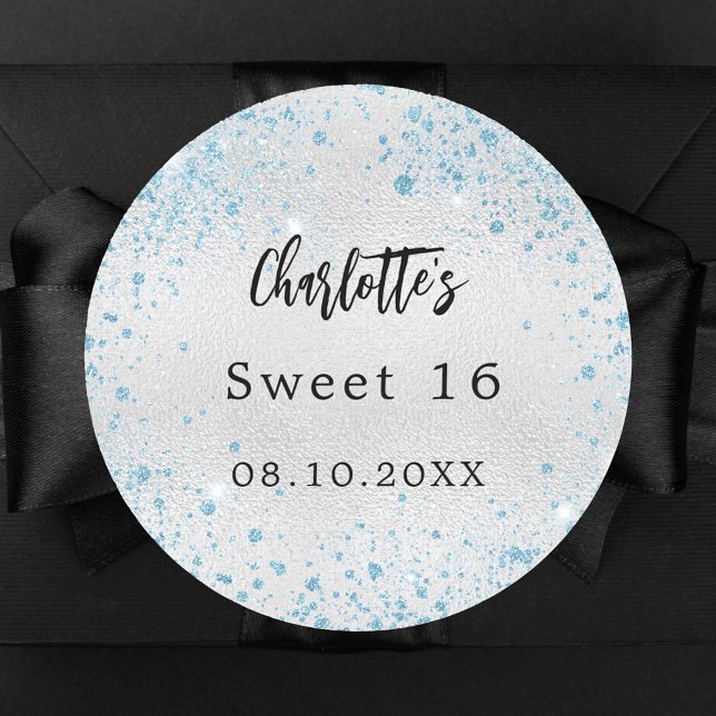 Adesivo Festa de aniversário azul-prata nome da brilho (Criador carregado)