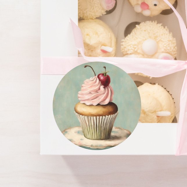 Adesivo Festa de Aniversário com Cupcake Rosa Vintage Fran (Vintage French Pink Cupcake Birthday Tea Party Classic Round Sticker)