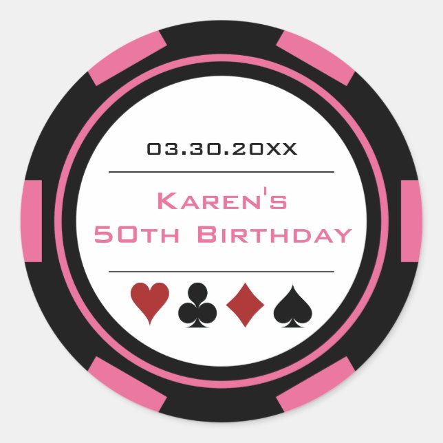 Adesivo Festa de Aniversário com Fichas de Cassino Rosa e  (Frente)