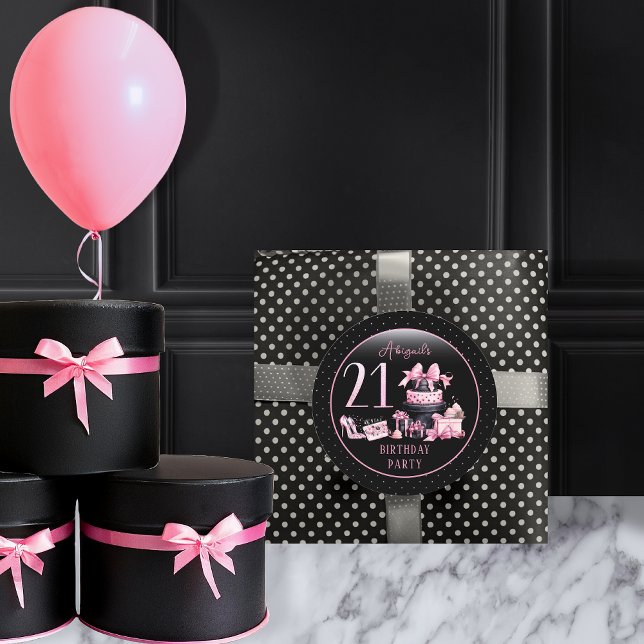 Adesivo Festa de aniversário de 21 anos de Moda Preta Glam (Glam Pink and Black French Couture Fashion 21st Birthday Party Favor Stickers)