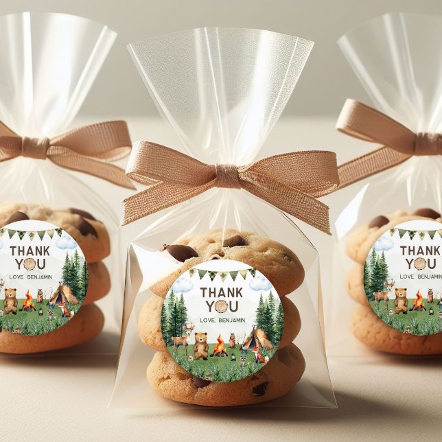 Adesivo Festa de aniversário de acampamento Obrigado (Camping Birthday Party Thank You Classic Round Sticker
)