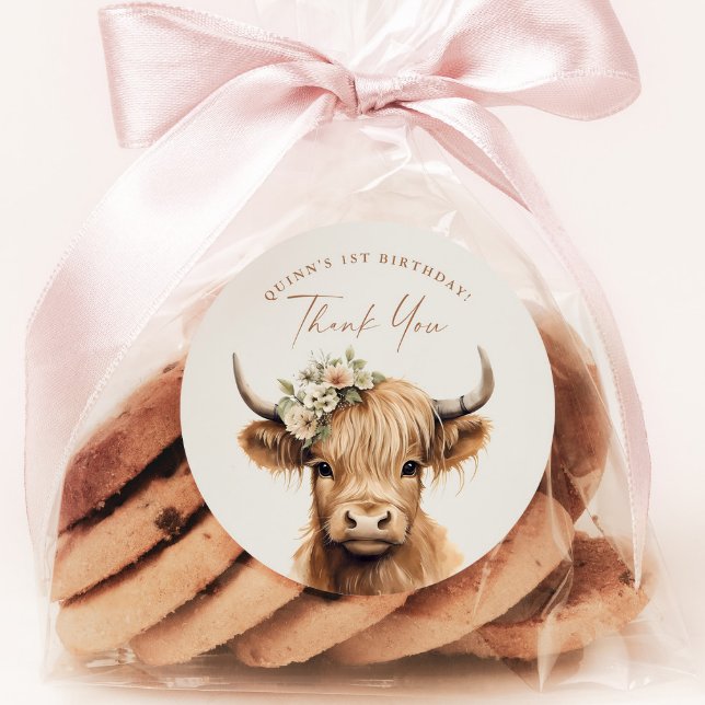 Adesivo Festa de Aniversário de criança de Vaca Boho Highl (Highland Cow Kids Birthday Party Favor or Envelope Tag Thank You Sticker.)