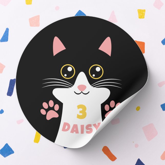 Adesivo Festa de aniversário de Gatinho Gatinho (cute kitty cat sticker with custom name and age. perfect for birthday parties and bday party favors)