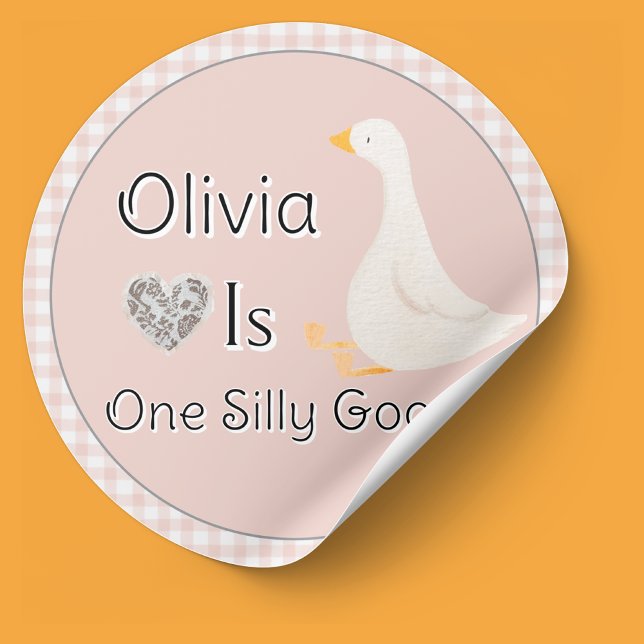 Adesivo Festa de aniversário de Gingham, Rosa, ganso-ganso (One Silly Goose Girl First Birthday Stickers)