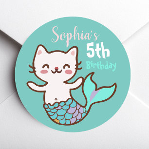 Adesivo Festa de Aniversário de Menina Gata Sereia Meowmai