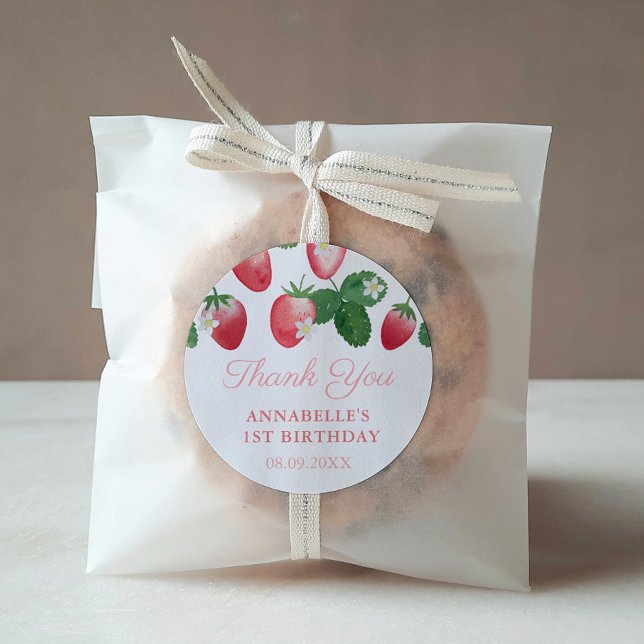 Adesivo Festa de aniversário De Morango Obrigado Por Favor (Strawberries Child Birthday Party Thank You Favor Sticker)