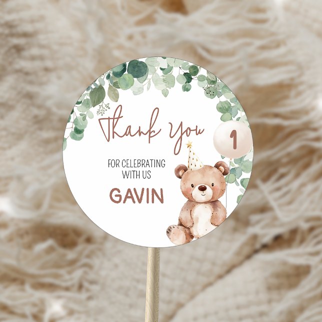 Adesivo Festa de aniversário de Urso Cinzento (Greenery Teddy Bear Birthday Party Sticker)