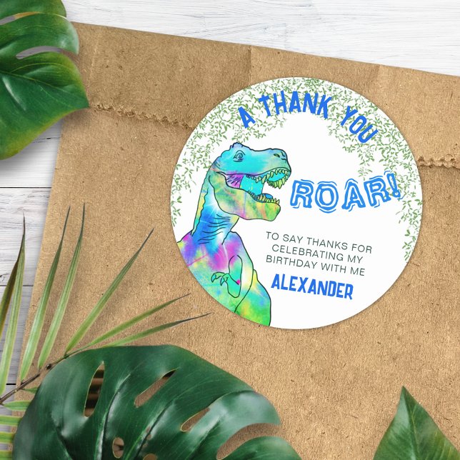 Adesivo Festa de aniversário Do Dinossaur T-Rex Roar Obrig (T-Rex Roar Dinosaur Birthday Party Thank You favor sticker personalized name)
