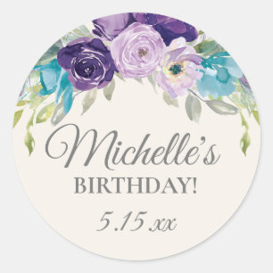 Adesivo Festa de aniversário Floral de Cor Azul Roxo