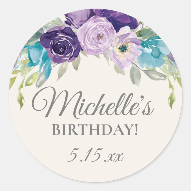Adesivo Festa de aniversário Floral de Cor Azul Roxo (Frente)